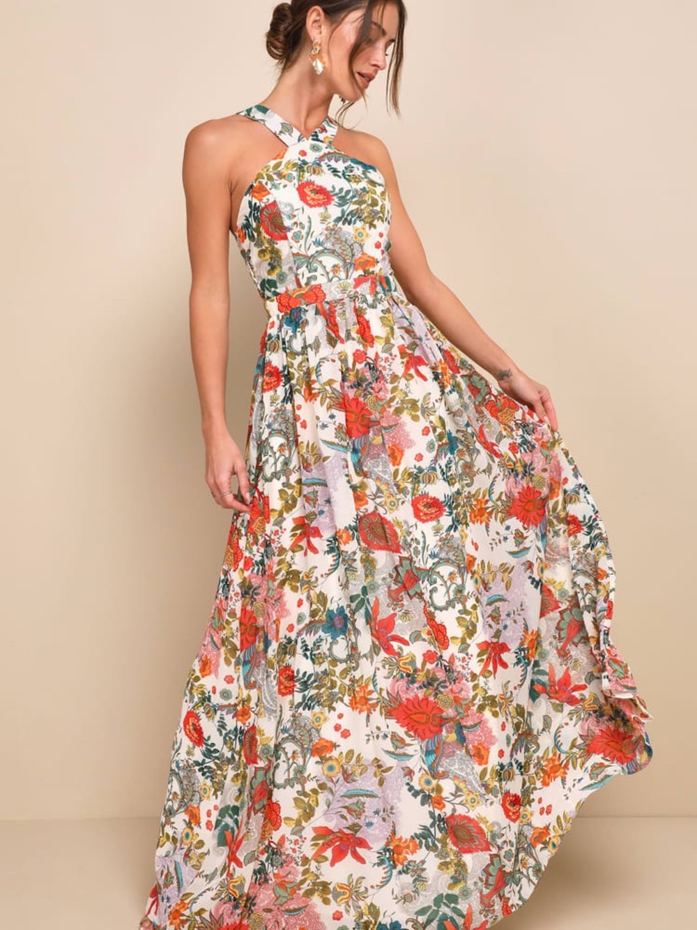 Lulu's Lilja Cream Floral Halter Maxi Dress with Red & Green Print